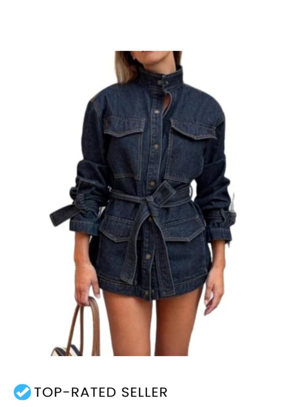 Wuitrie Denim Jacket Women Button Long Sleeve Tie Streetwear Loose Casual Jean